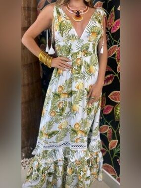 L'ATISTE Boho Tropical Lemon Print Maxi Dress Smock Tassel 3X Beach Vaca Resort